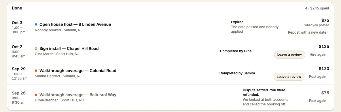 Done rows in Posted jobs with Leave a review, Hire again and Post again