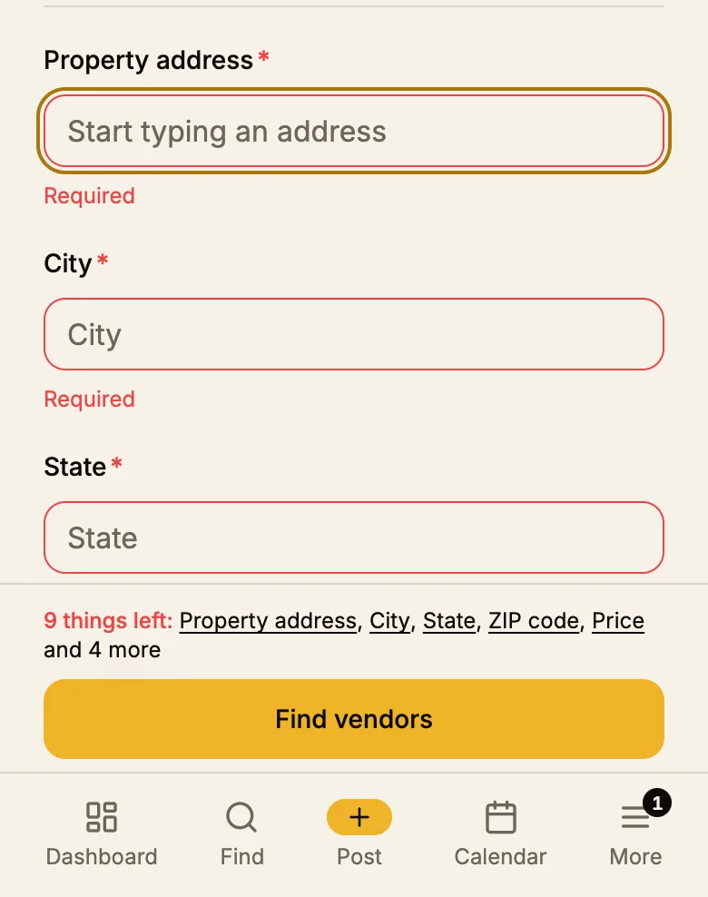Phone view of Hire a vendor with the missing fields and the Find vendors button pinned above the tab bar