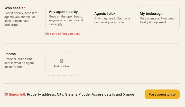 Post form footer reading 10 things left with links to each field, and Pick one before you post under Who sees it