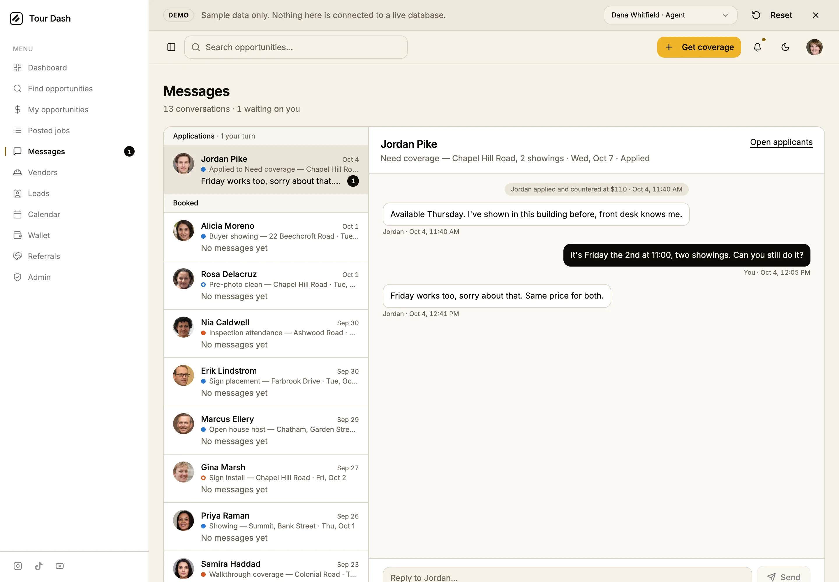 Messages with an Applications section above Booked threads and an open conversation with Jordan Pike