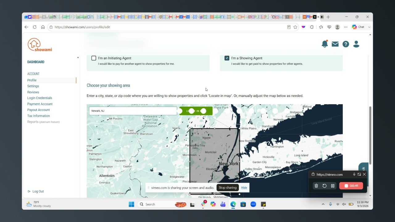 Showami profile page with two role checkboxes and a coverage map