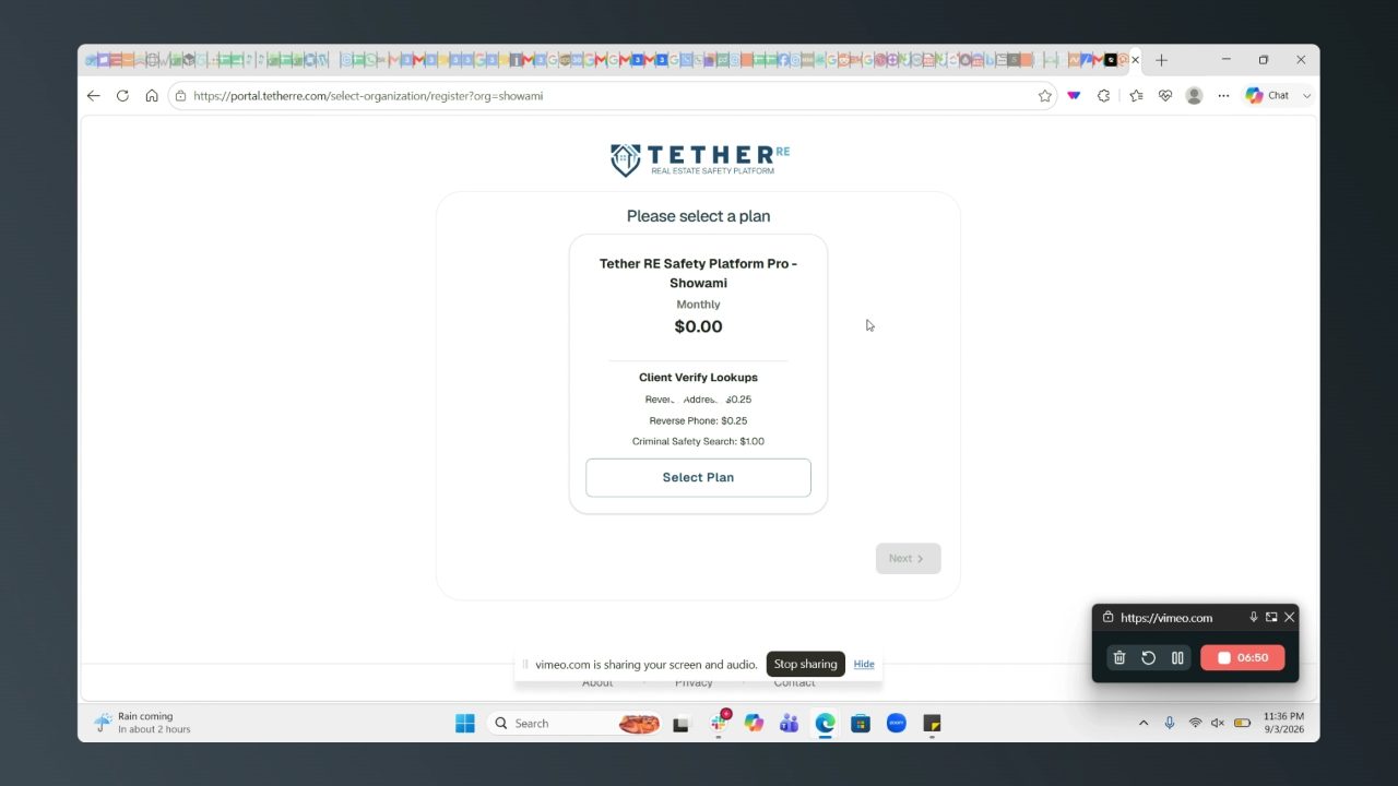 Tether RE plan selection page showing a free Showami plan with paid lookups