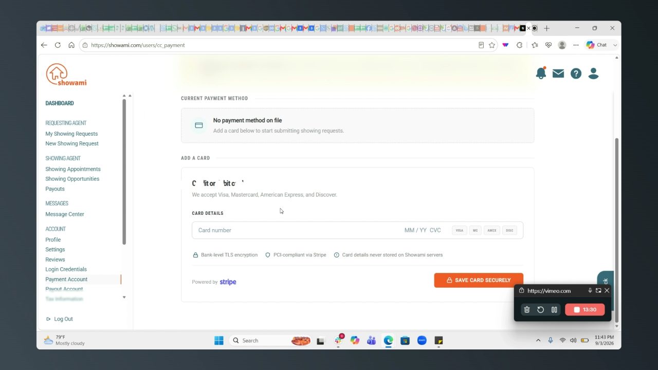 Showami payment account page asking for a card before posting a request