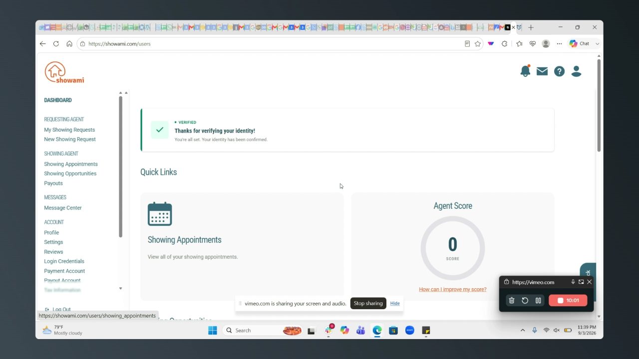 Showami dashboard with a verified banner, a showing appointments tile and an agent score ring