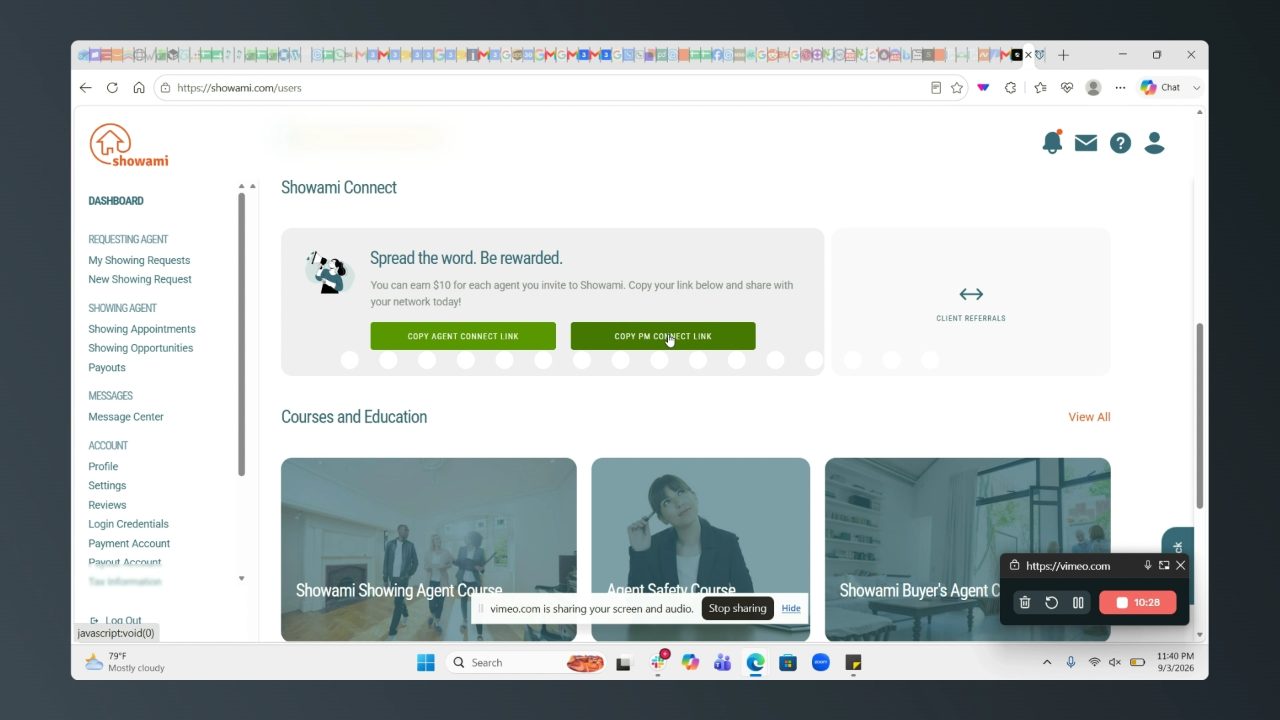 Showami Connect referral card with copy-link buttons and a courses row