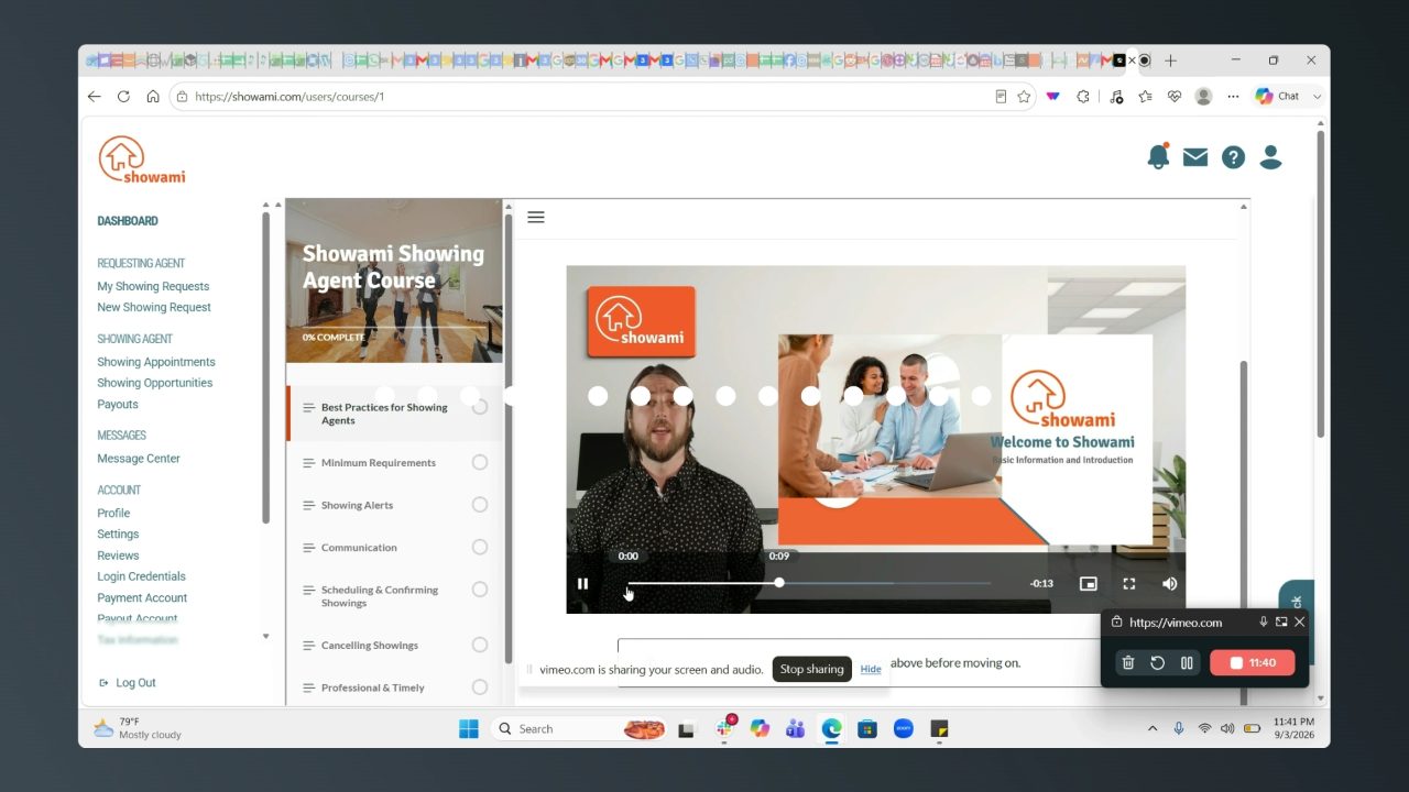 Showami showing agent course with a lesson list and an embedded welcome video