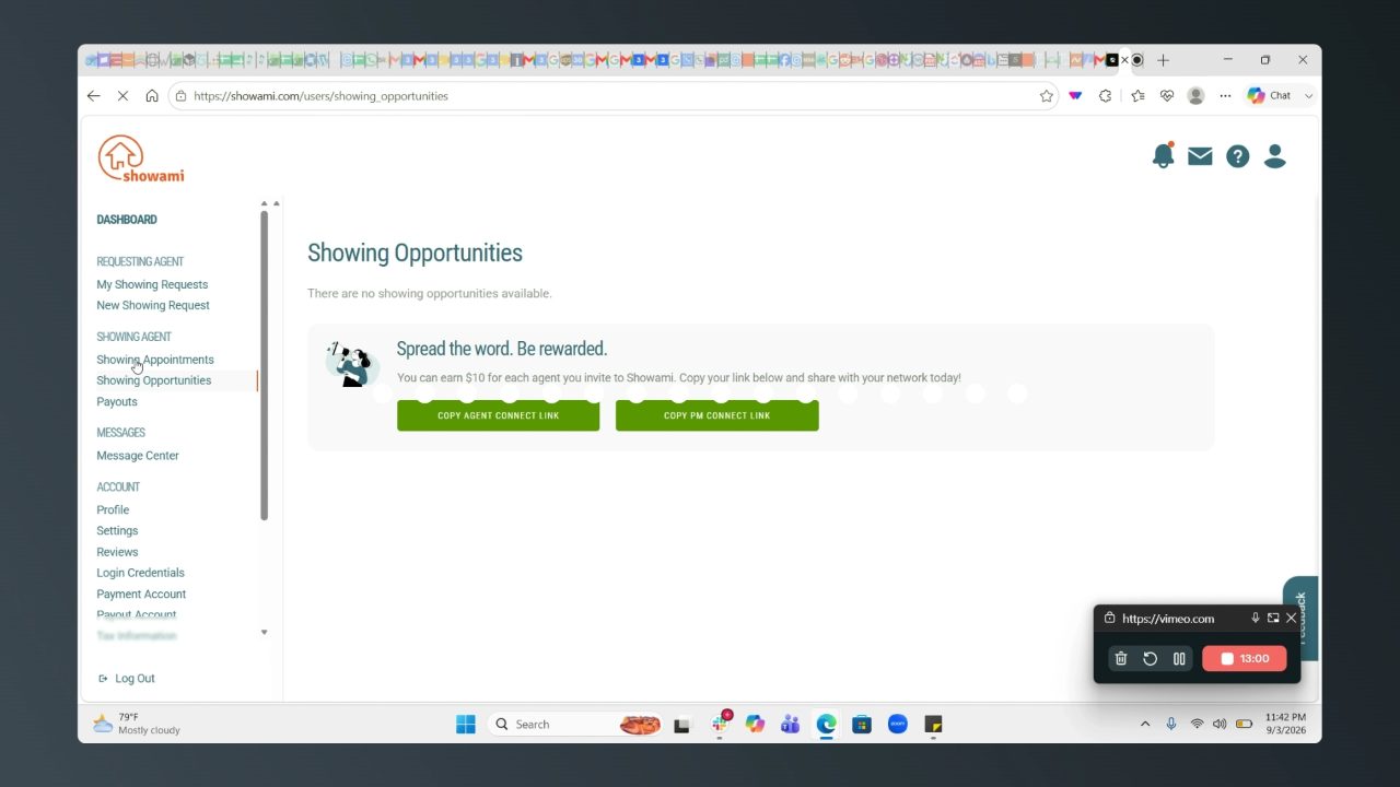 Showing opportunities page reading There are no showing opportunities available