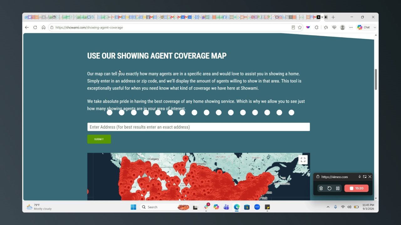 Showami showing agent coverage map with the US covered in pins