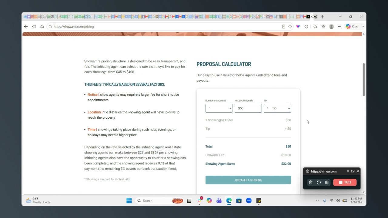 Showami proposal calculator: one showing at $50, $18 fee, agent earns $32