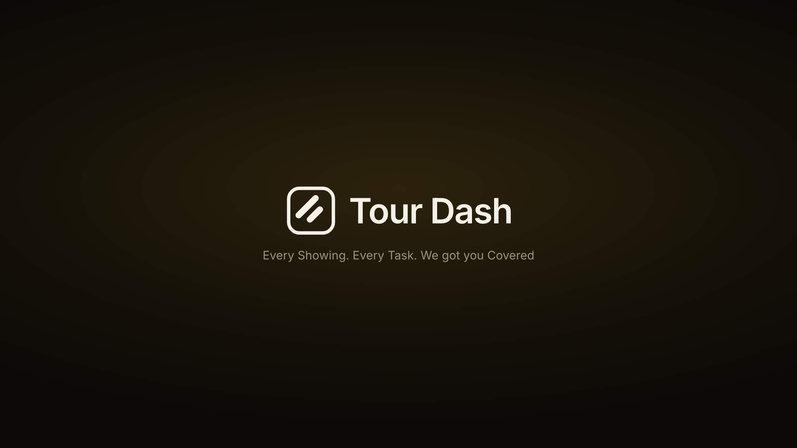 YouTube channel banner: the keyline mark, the Tour Dash wordmark and the tagline, centred in the safe area on a void ground.