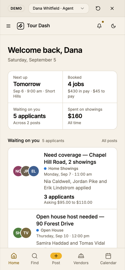 The agent dashboard on a 390-pixel phone after the change. The header now shows a menu icon, the Tour Dash logomark and wordmark on the left, with the bell and theme toggle on the right. The bottom bar reads Home, Find, Post, Vendors, Calendar.