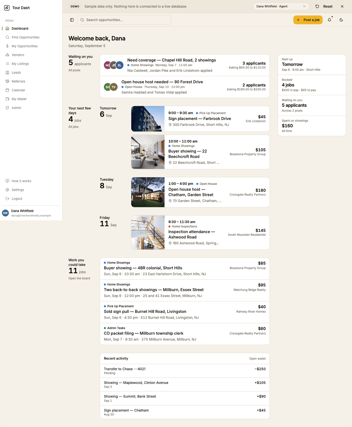 The agent dashboard at 1440: 'Welcome back, Dana', a Waiting on you group with two posts and their applicants, Your next few days with photo cards grouped by date, Work you could take, Recent activity, and a right rail of four figures.