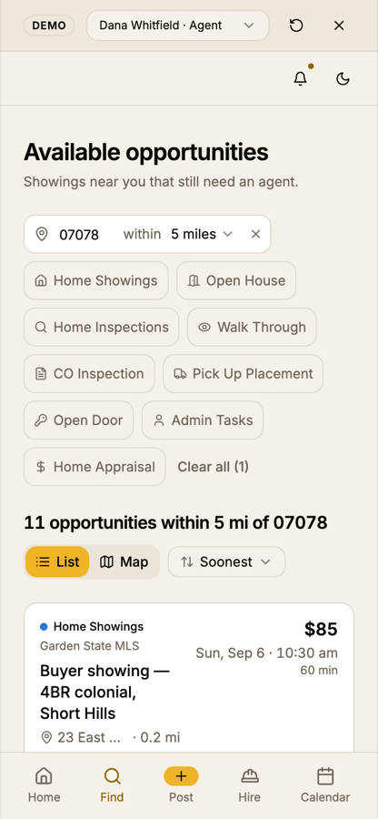 Find opportunities on a 390-pixel phone: the title, the location chip, then nine service-type chips in a wrapping row, then 'Clear all (1)', with the results count and the first card only just visible at the bottom.
