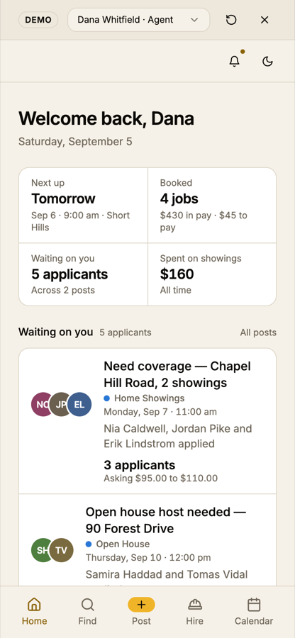 The agent dashboard on a 390-pixel phone. The header row holds only a bell icon and a moon icon on the right, with the left side empty. The bottom bar has five tabs: Home, Find, Post, Hire, Calendar.