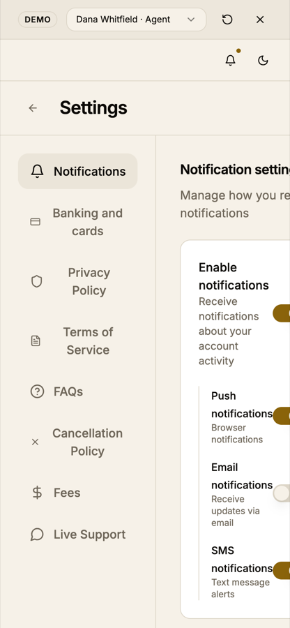 Settings on a 390-pixel phone. A left column of eight menu items in large title-case type takes half the width; the right column is squeezed so 'Notification settings' is cut off and the three toggle switches are clipped at the right edge.