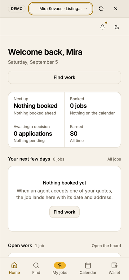 The contractor dashboard on a 390-pixel phone with the same empty header and five tabs: Home, Find, My jobs, Calendar, Wallet.