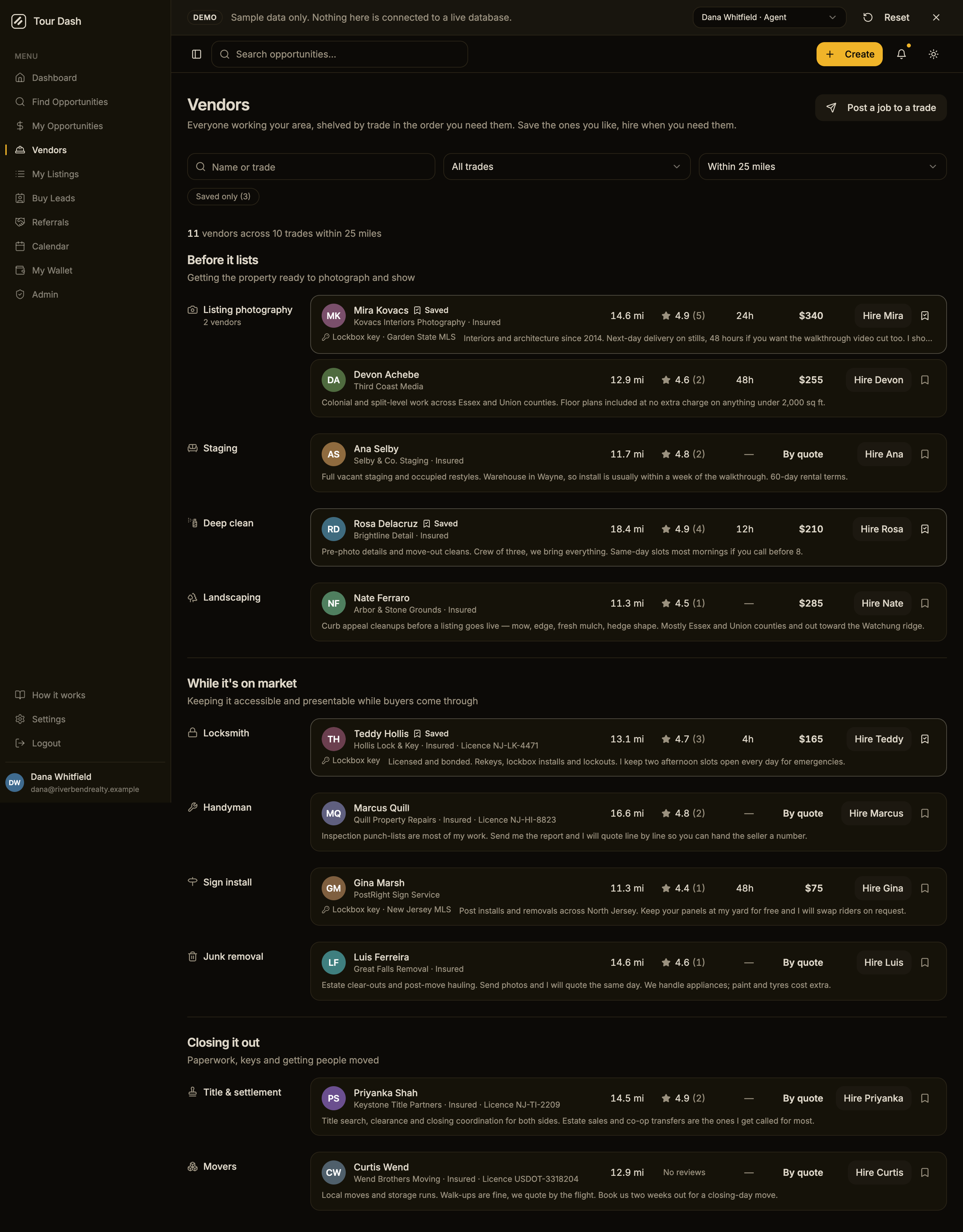The redesigned page at 1440px: three controls sitting directly on the page, a count line reading 11 vendors across 10 trades within 25 miles, then a section headed Before it lists with the note Getting the property ready to photograph and show, under which a left rail names Listing photography with 2 vendors beside two rows for Mira Kovacs and Devon Achebe, then Staging, Deep clean and Landscaping shelves. Each row carries an avatar, the person's name, their business and credentials, then distance, rating, turnaround and rate in aligned columns, a Hire button and a bookmark. Further down, sections headed While it's on market and Closing it out.