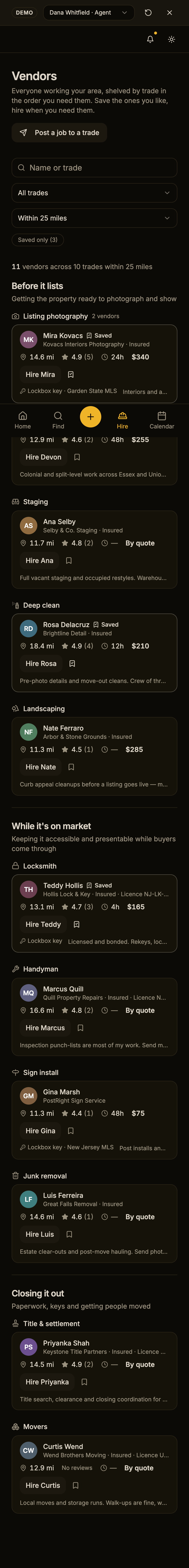 The redesigned page at 390px: the trade name and count on one line, then per vendor an avatar with the name and business, one wrapped row carrying distance, rating, turnaround and rate, a Hire button with the bookmark beside it, and the bio on a line below.