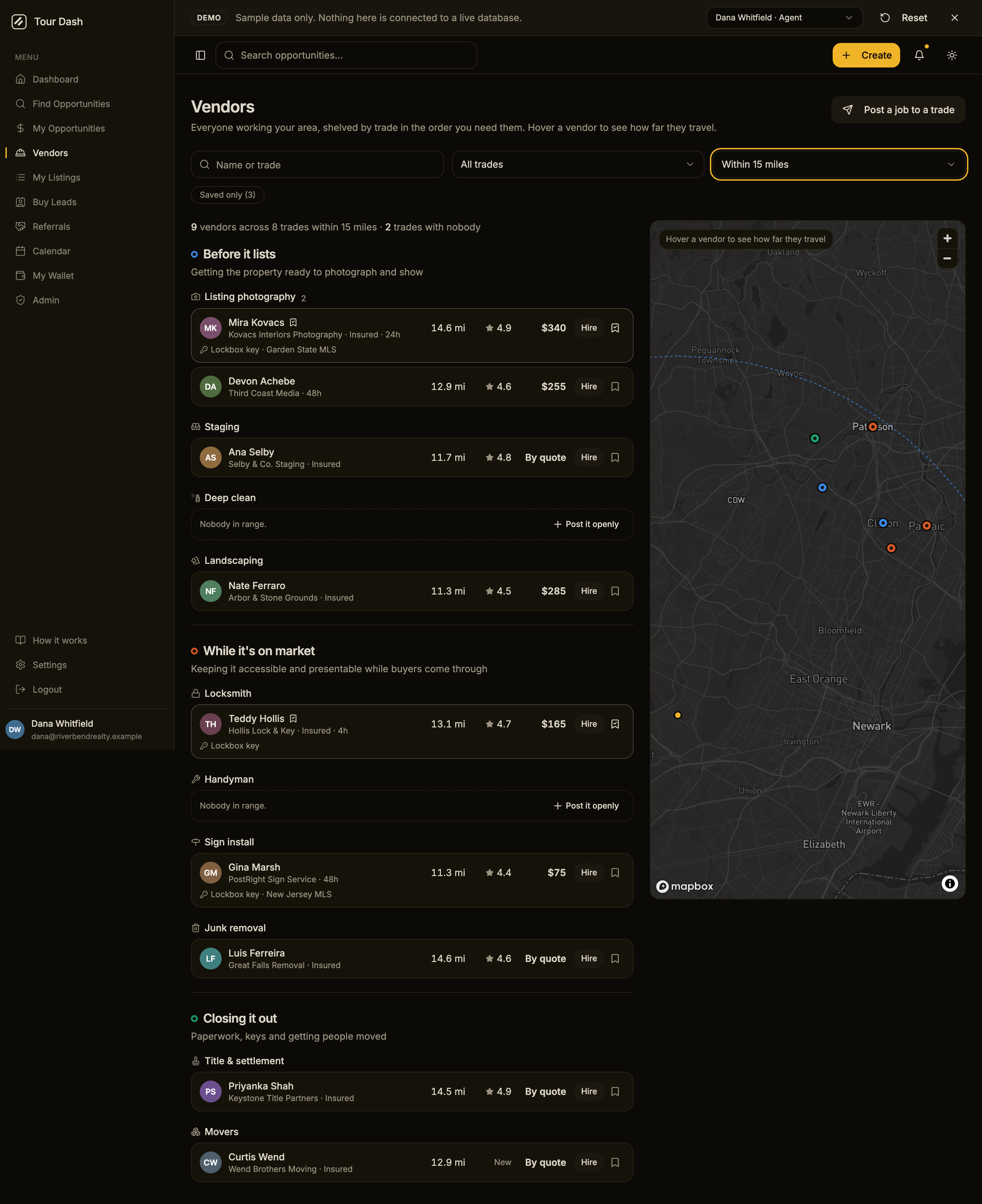 The Vendors page showing 9 vendors across 8 trades within 15 miles, 2 trades with nobody. Under Before it lists, the Deep clean shelf is a dashed row reading Nobody in range with a Post it openly button, and under While it's on market the Handyman shelf is the same.