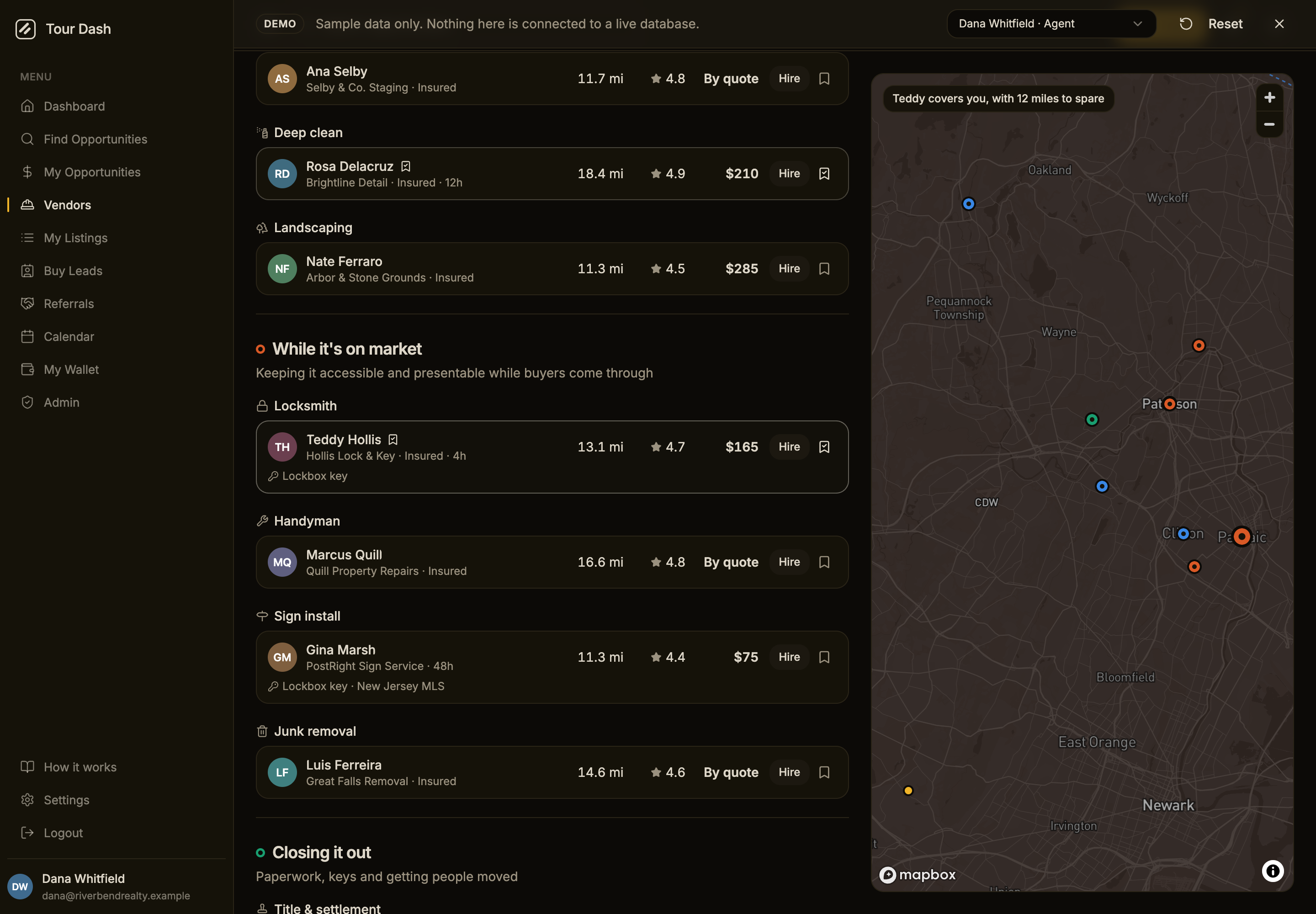 The Vendors page at 1440px in the dark theme with a map filling the right half. The row for Teddy Hollis is highlighted in the list, his pin on the map is enlarged, a tinted circle covers the map, and an overlay at the top left of the map reads Teddy covers you, with 12 miles to spare.