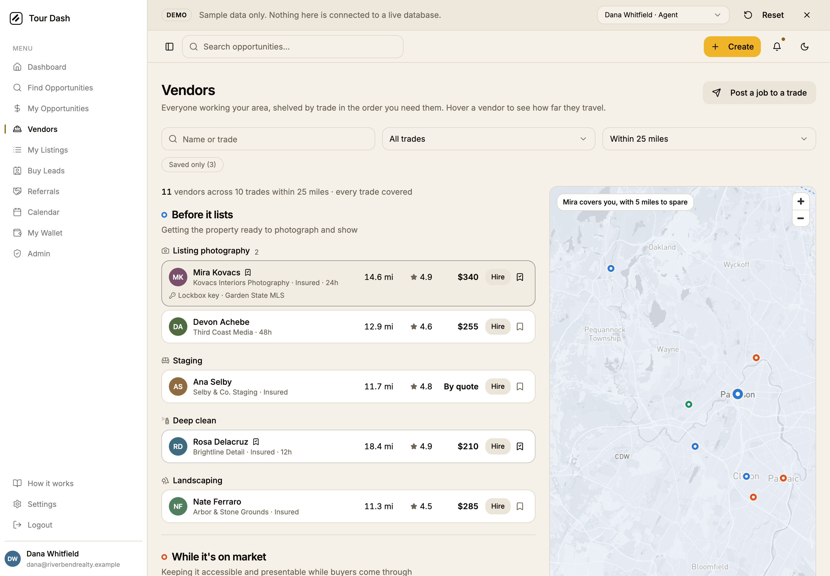 The same page in the light theme with the row for Mira Kovacs highlighted, her pin enlarged, a blue tinted coverage circle on the map, and an overlay reading Mira covers you, with 5 miles to spare.