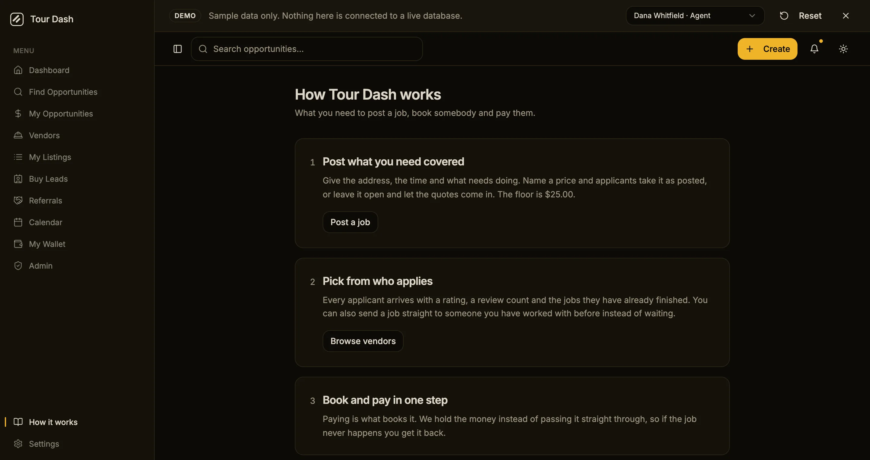 Tour Dash How it works page showing numbered steps for an agent: post what you need covered, pick from who applies, book and pay in one step