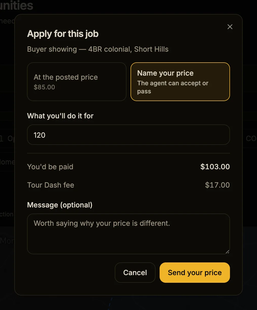 Tour Dash apply dialog with Name your price selected, an amount of 120 entered, and a breakdown showing the applicant would be paid $103 after a $17 fee