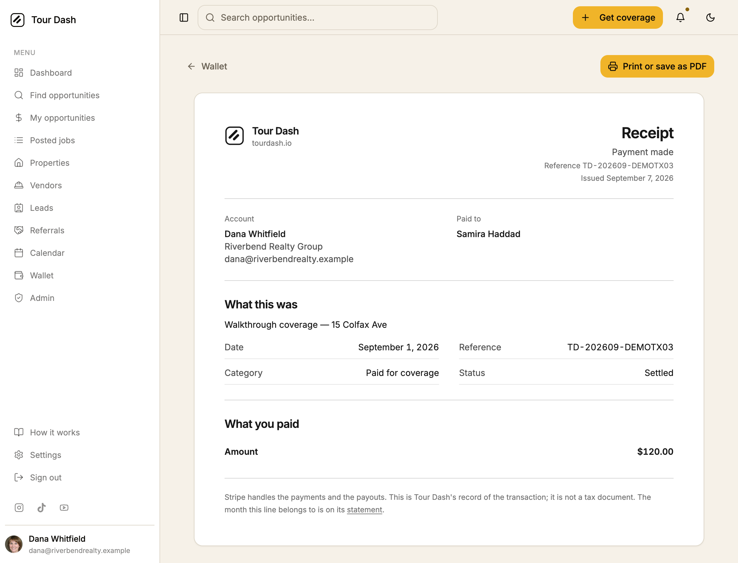 A receipt headed Payment made, reference TD-202609-DEMOTX03, issued September 7 2026. It shows the account holder and brokerage, who it was paid to, what the job was, the date, category and status, and the amount of $120.00.