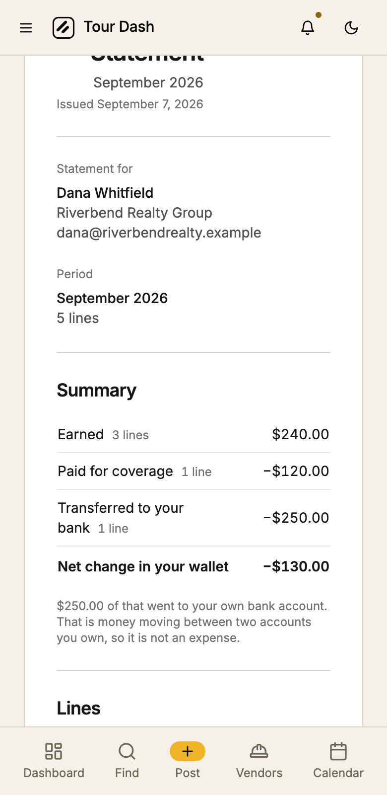 The September statement on a phone-width screen. The summary rows read Earned 3 lines $240.00, Paid for coverage 1 line minus $120.00, Transferred to your bank 1 line minus $250.00 and Net change in your wallet minus $130.00, each figure on one line.