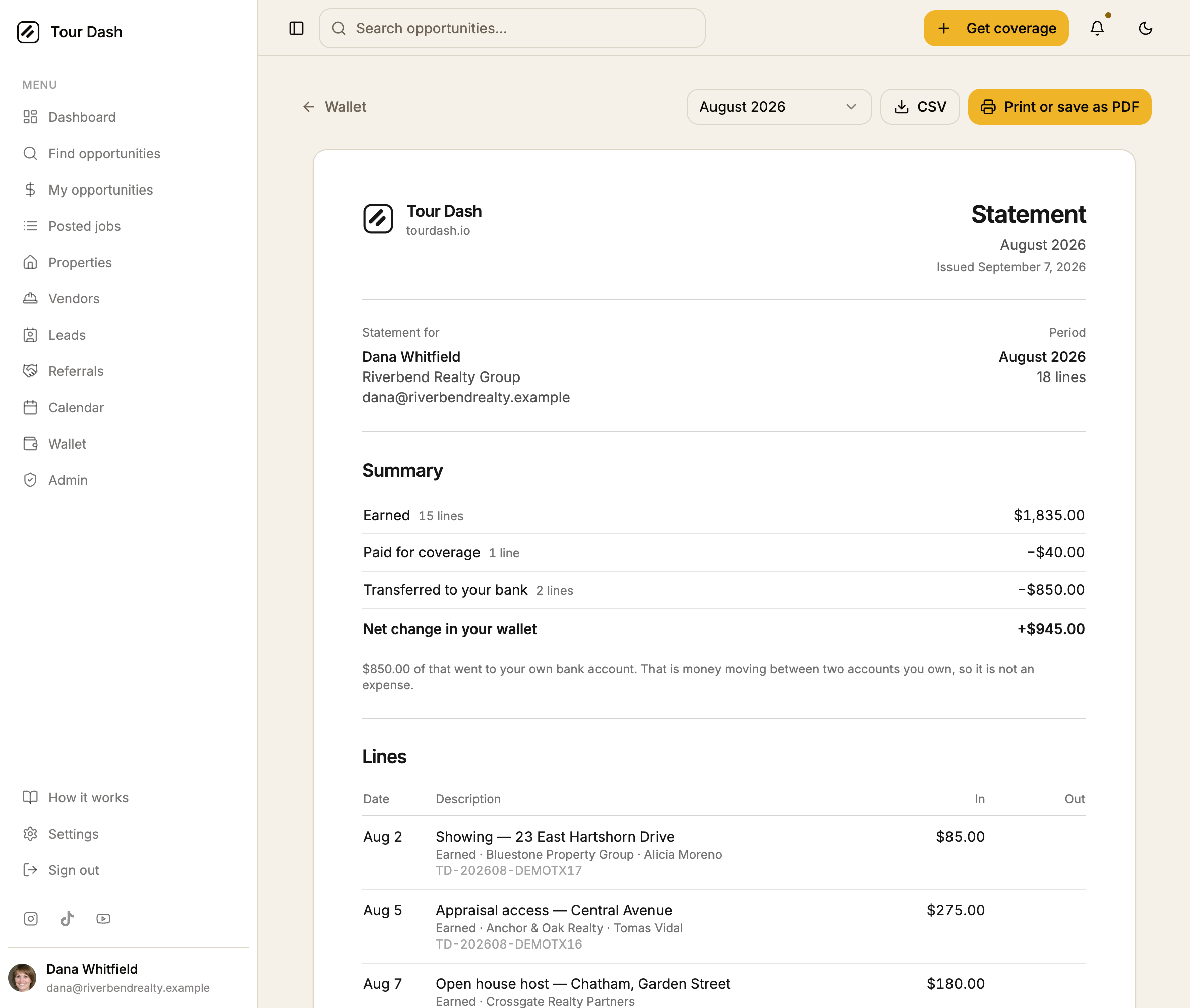 The statement page for August 2026. A period selector, a CSV button and a Print or save as PDF button sit above a white sheet headed Statement, August 2026. The sheet shows who it is for, a summary reading Earned $1,835.00 over 15 lines, Paid for coverage minus $40.00, Transferred to your bank minus $850.00, and Net change in your wallet plus $945.00, then a table of every line with date, description, reference and in and out columns.