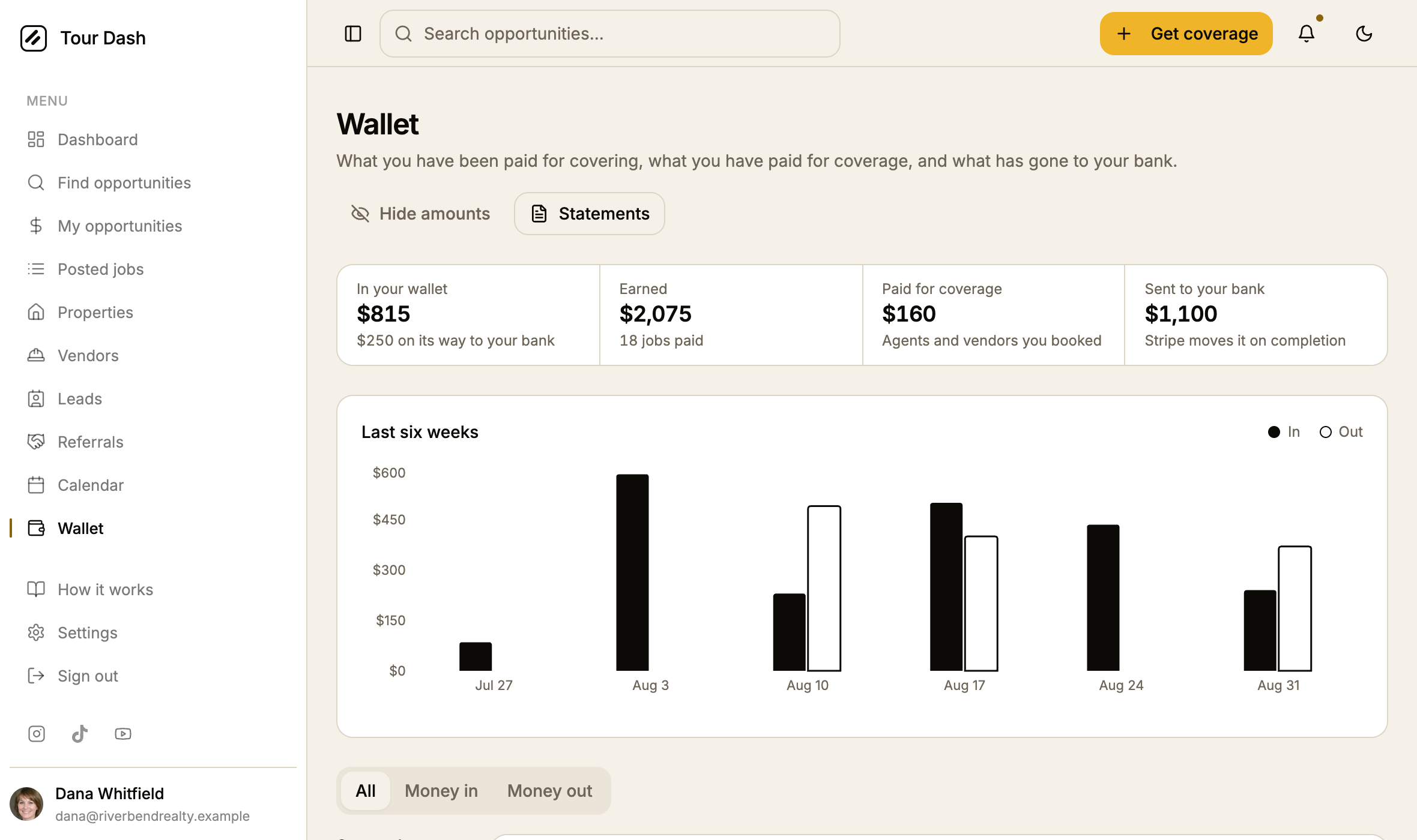 The Wallet page with a Hide amounts button and a Statements button beside it, above four figures reading In your wallet $815, Earned $2,075, Paid for coverage $160 and Sent to your bank $1,100.
